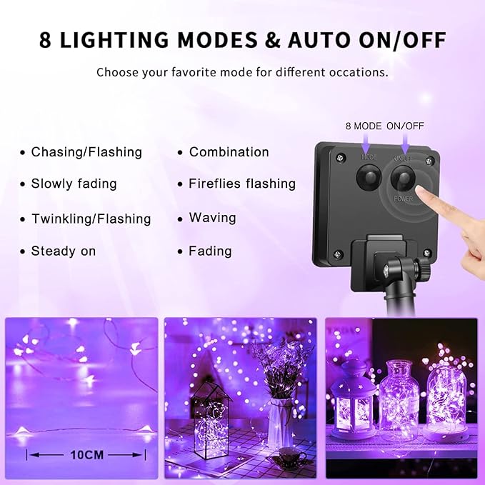 JMEXSUSS 4 Pack Purple Solar String Lights Outdoor Waterproof, 100 LED 33ft Purple Solar Fairy Lights, 8 Modes Copper Wire Christmas Light for Halloween Christmas Garden Yard Tree Decor