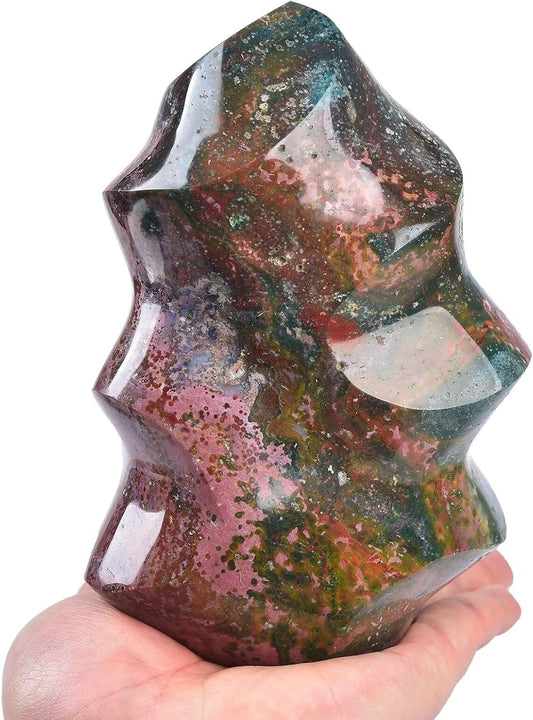 AMOYSTONE Ocean Jasper Flame Shaped Stone Towers Obelisk Natural Healing Crystal Quartz Reiki Energy Decoration Home Office Decor 0.6-1.0LBS