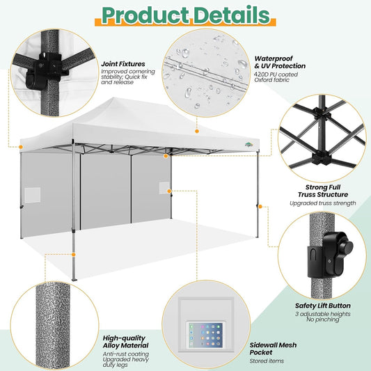 COBIZI 10x15 Heavy Duty Pop up Canopy Tent with 4 sidewalls Commercial Outdoor Canopy Wedding Party Tents for Wedding All Season Wind & Waterproof Gazebo with Carry Bag, White(Frame Thickened)