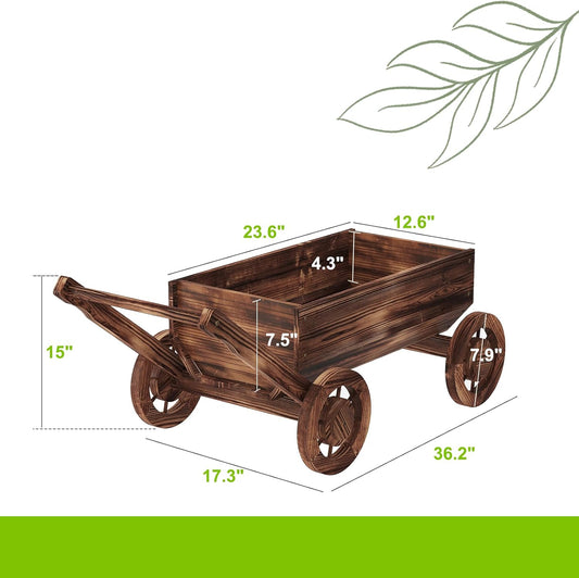 Wooden Flower Cart with Wheels Wooden Wagon Planter Outdoor Garden Planter Decor Planter for Patio Balcony Trolley Decoration Succulent Flower Pot, Indoor Backyard Balcon Decor.(L)