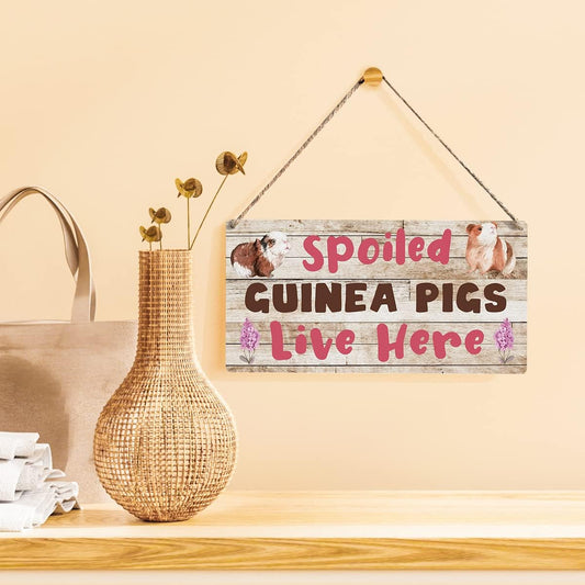 Qious Spoiled Guinea Pigs Live Here Sign Farmhouse Lovely Guinea Pigs Wooden Hanging Sign Plaque Rustic Wall Art Decor Home Decoration 12 x 6 Inches