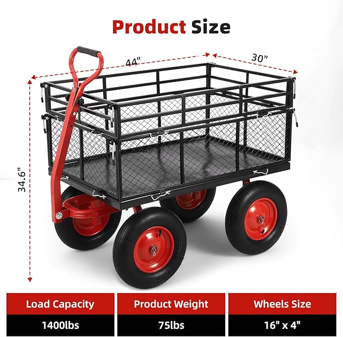 1400 LBS Steel Garden Yard Cart, Heavy-Duty Metal Garden Wagon Convertible 2-in-1 Handle and Removable Sides to Convert into Flatbed Lawn and Utility Wagons Cart