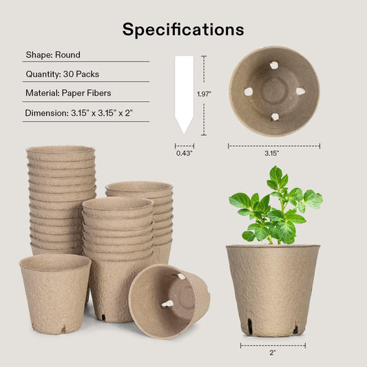 VIVOSUN Peat Pots, 30 Packs 3.15-Inch Seed Starting Pots with Drainage Holes, Round Nursery Pot, 20 Plant Labels for Flowers, Plants, Vegetables, 30Pcs