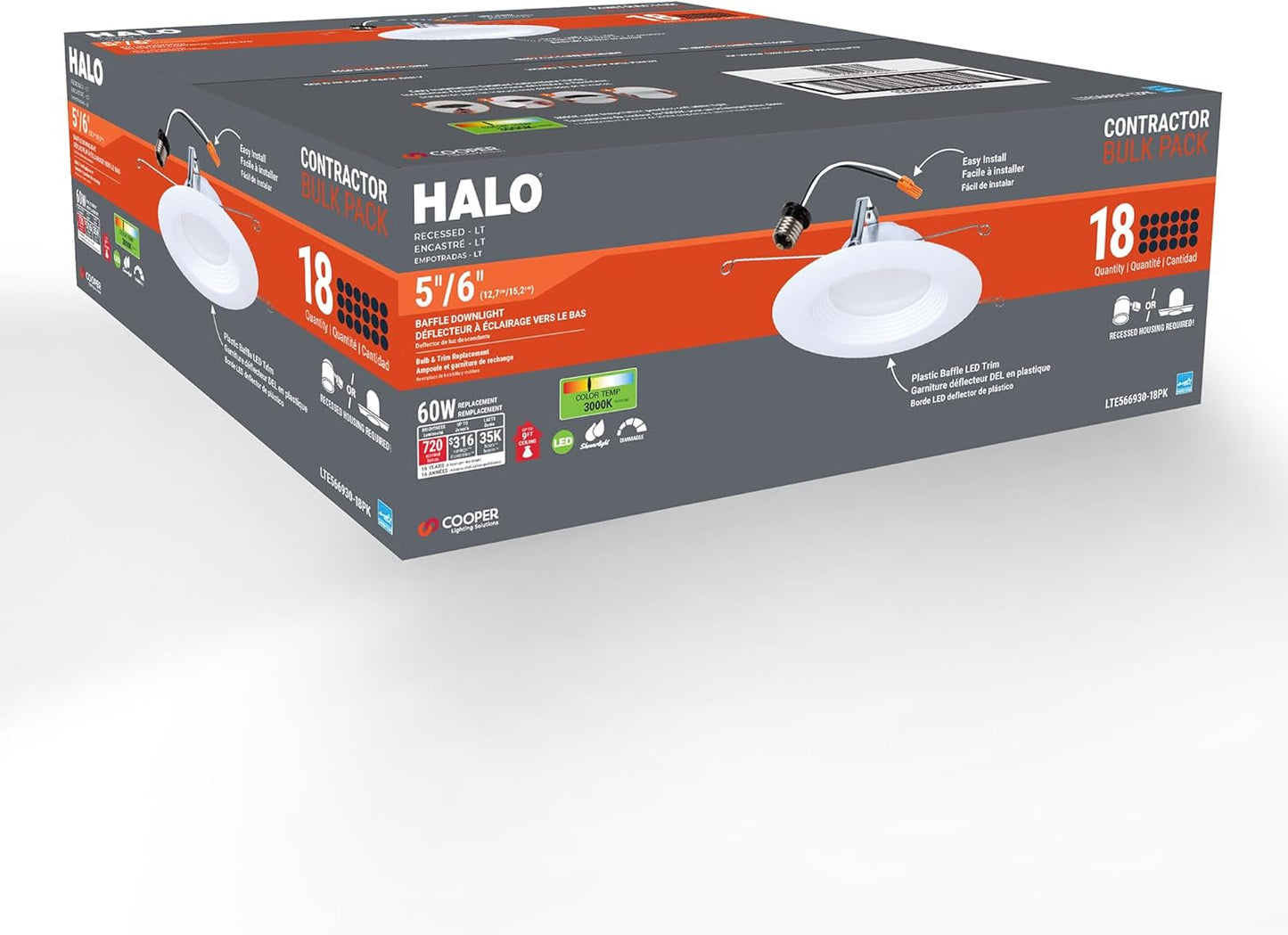 HALO LTE 5/6 Inch Indoor/Outdoor Recessed LED Trim Can Light, 3000K - Contractor Value Pack (18-Pack) - LTE566930-18PK
