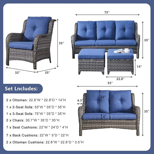 Rilyson Wicker Patio Furniture Set - 6 Piece Rattan Outdoor Sectional Conversation Sets with 1 Sofa,1 Loveseat,2 Armrest Chairs and 2 Ottomans for Porch Deck Garden(Mixed Grey/Blue)