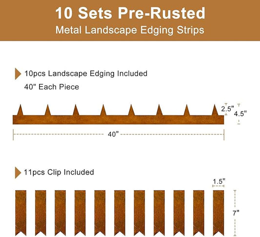 33ft Landscape Edging Cor-Ten Steel - Pre-Rusted Garden Border Kit, 10 Pack Hammer-in Lawn Edging Strips 11 Clips & Gloves - Durable Garden Edge for Lawn, Yard