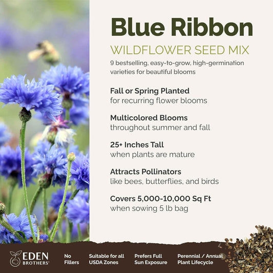 Eden Brothers Blue Ribbon Flower Mixed Seeds for Planting, 5 lb, 2,400,000+ Seeds with Blue Bell, Cornflower Blue, Chicory, Attracts Pollinators, Plant in Spring or Fall, Zones 3, 4, 5, 6, 7, 8, 9, 10