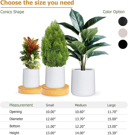 14" H x 13.7" D Conico Fiberstone Round Planter with Drainage Hole, Smooth Finishes, Weather Resistant for Indoor and Outdoor Use, Included 2 Extra Coco Mats (White, 10.6" Pot Opening)