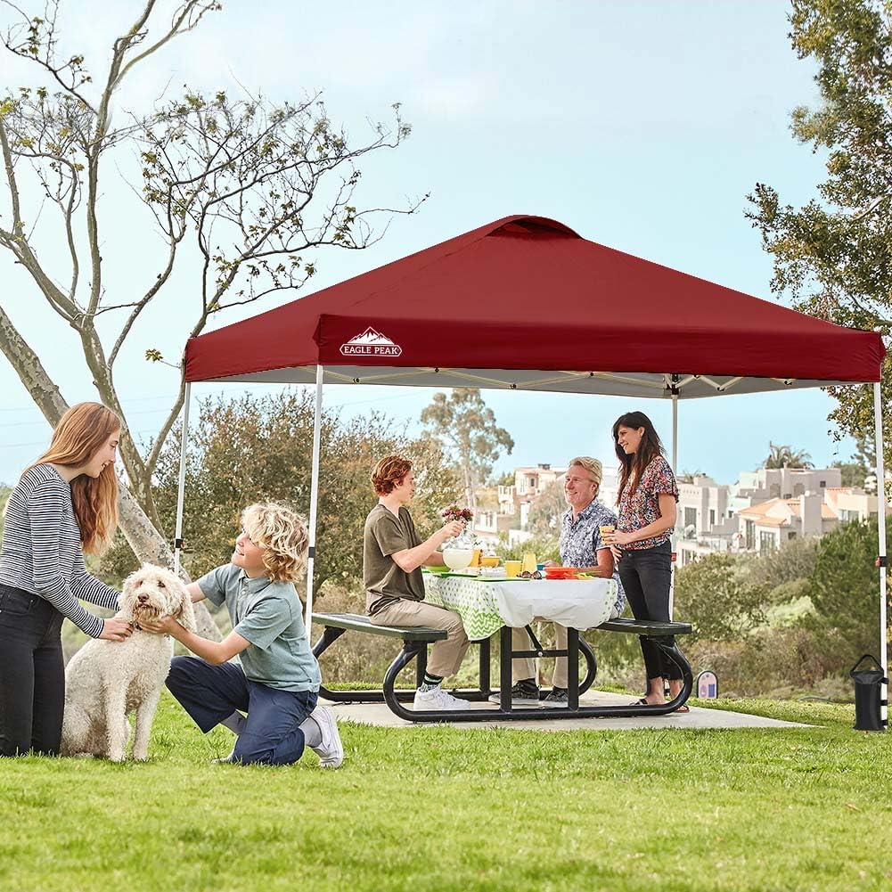 EAGLE PEAK Pop Up Canopy Tent with Wheeled Carry Bag, 8 Stakes, 4 Ropes, 4 Weight Bags, Easy Set Up Tent Canopy, 10x10 ft, 100sqft of Shade, Burgundy