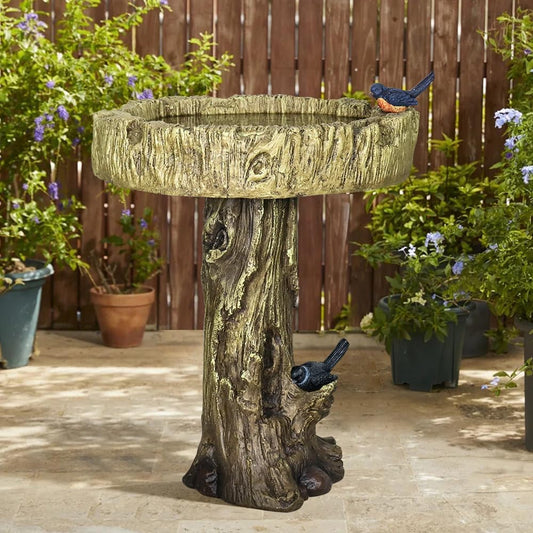 SKYFIRE 24.4” H Fibre Reinforced Concrete Outdoor Garden Bird Bath with Birds, Woodland Tree Trunk Decoration Yard Statue,Pedestal Birdbaths for Outdoors, Garden, Patio, Lawn, Backyard