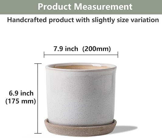 8 Inch Plant Pot: Ceramic Planter with Drainage Hole & Saucer - Cylinder Round Flowerpot for Indoor & Outdoor Plants - with Separate Tray for Home & Office - Retro Style, Grey
