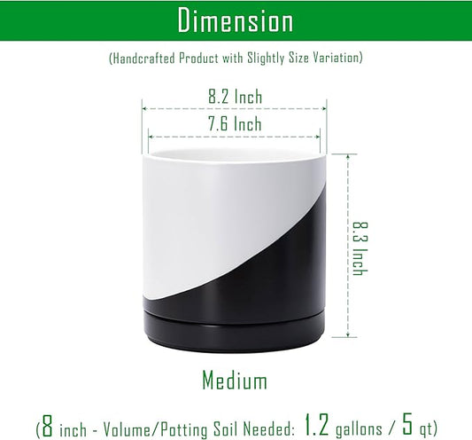 D'vine Dev 8.2 Inch Ceramic Planter Pot with Drainage Hole and Saucer, Indoor Cylinder Round Planter Pot, Oblique Monochrome Black and White, 94-O-D-K