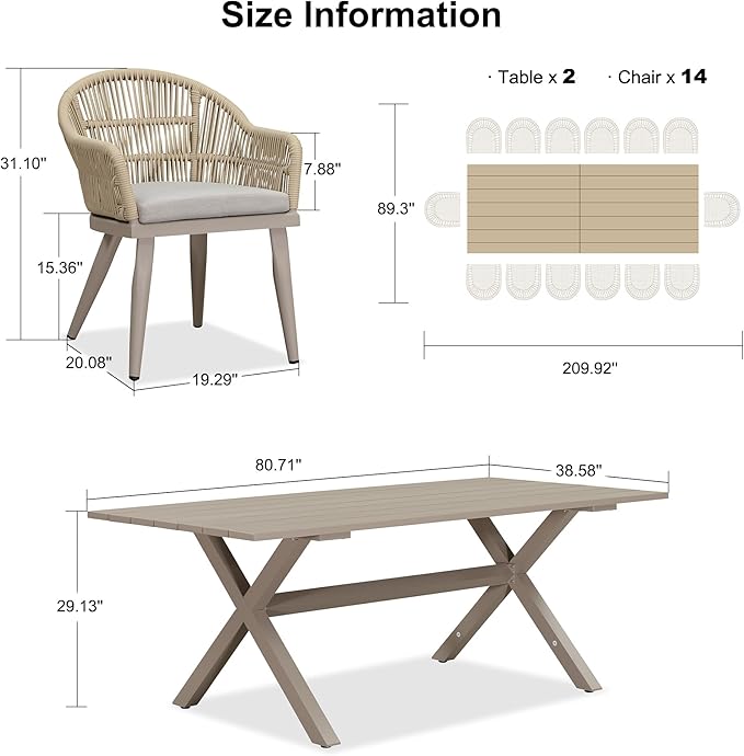 PURPLE LEAF 16 Pieces Patio Dining Set with Aluminium Outdoor Dining Table and Wicker Chairs Modern Furniture Cushions Sets for Backyard Decor Indoor Kitchen Champagne