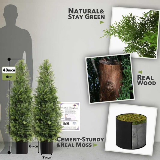 Aveyas 4ft Artificial Cedar Topiary Trees for Outdoor Front Porch Door, 4 Feet Faux Potted Plants Evergreen Fake Pine Cypress Tree for Outside Home Decor (4 ft Tall) - Set of 2 Pack