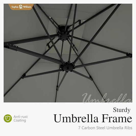 Sophia & William Cantilever Patio Umbrella 10ft, Offset Large Square Outdoor Umbrellas with 360-degree Rotation, Heavy Duty Windproof for Garden Pool Backyard, Grey with Base