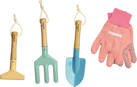 Gardening Set, Tool Kit, for Kids, STEM, Includes Tote Bag, Spade, Watering Can, Rake, Fork, Trowel and Gloves (Petal)