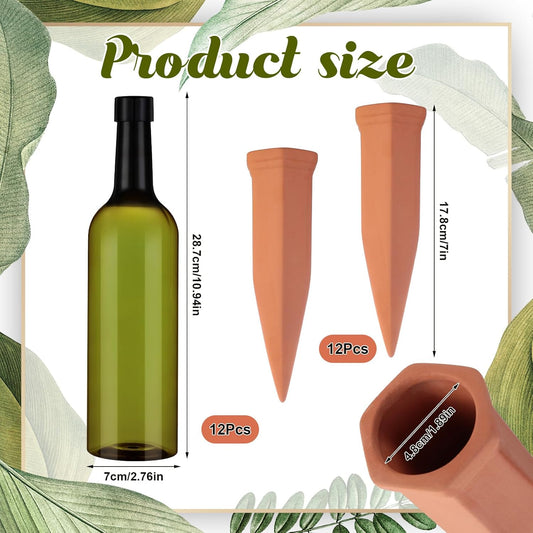 12 Sets Plant Watering Devices Include Terracotta Self Watering Spikes and 26 oz Plastic Bottles, Slow Release Vacation Insert Automatic Plant Waterer Device (Green and Terracotta)