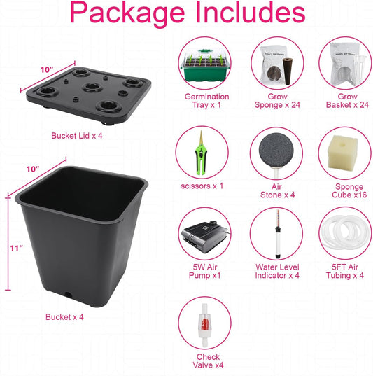4 Hydroponic Buckets Kit for Plants, Hydroponics Growing System for Herbs/Tomato/Vegetables, DWC System with Air Pump & Germination Tray Black (Complete Indoor Hydroponic Gardening Supplies)