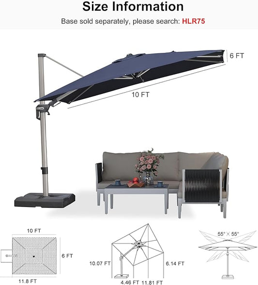 PURPLE LEAF 10' X 6.5' Left-right Tilting Patio Umbrella Outdoor Swivel Cantilever Umbrella Aluminum Offset Umbrella with Champagne Frame and 360-degree Rotation for Garden Deck Pool, Navy Blue