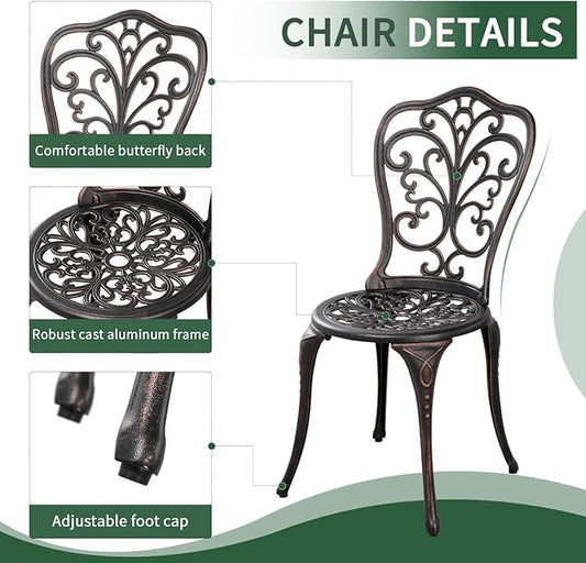 3 Piece Patio Set Outdoor Bistro Set,Cast Aluminum Bistro Table and Chairs Set of 2 with Umbrella Hole,All Weather Patio Bistro Sets for Front Porch Set Garden,Backyard(Brown)