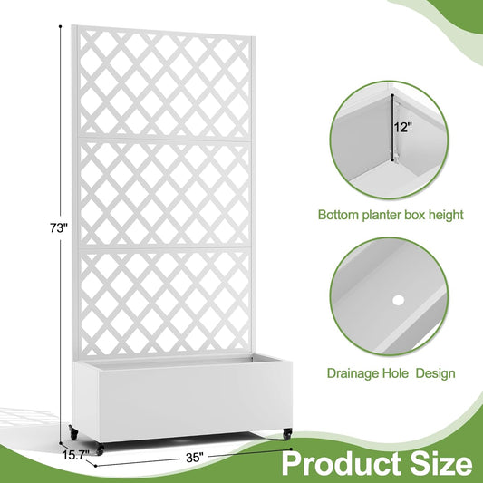 Metal Planter Trellis Box with Wheels & Drain Plug Outdoor Raised Garden Bed Patio Privacy Screen with Planter for Climbing Plants, Vegetables 73"x35"x16" White-Diamond