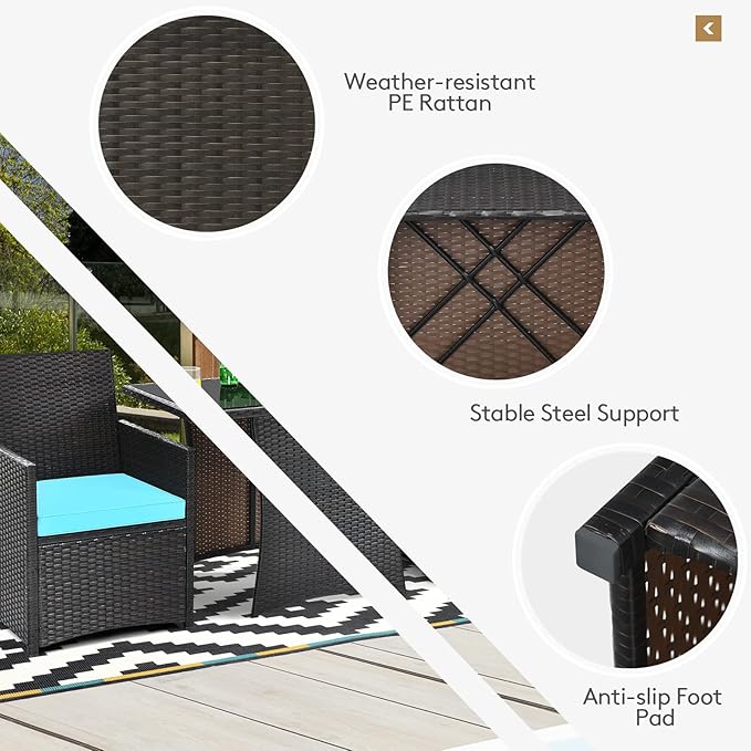 Tangkula 3 Pieces Patio Dining Set, Space-Saving PE Rattan Bistro Set with Tempered Glass Top Table and Cushioned Chairs, Outdoor Conversation Set for Garden Backyard Poolside Porch (Turquoise)