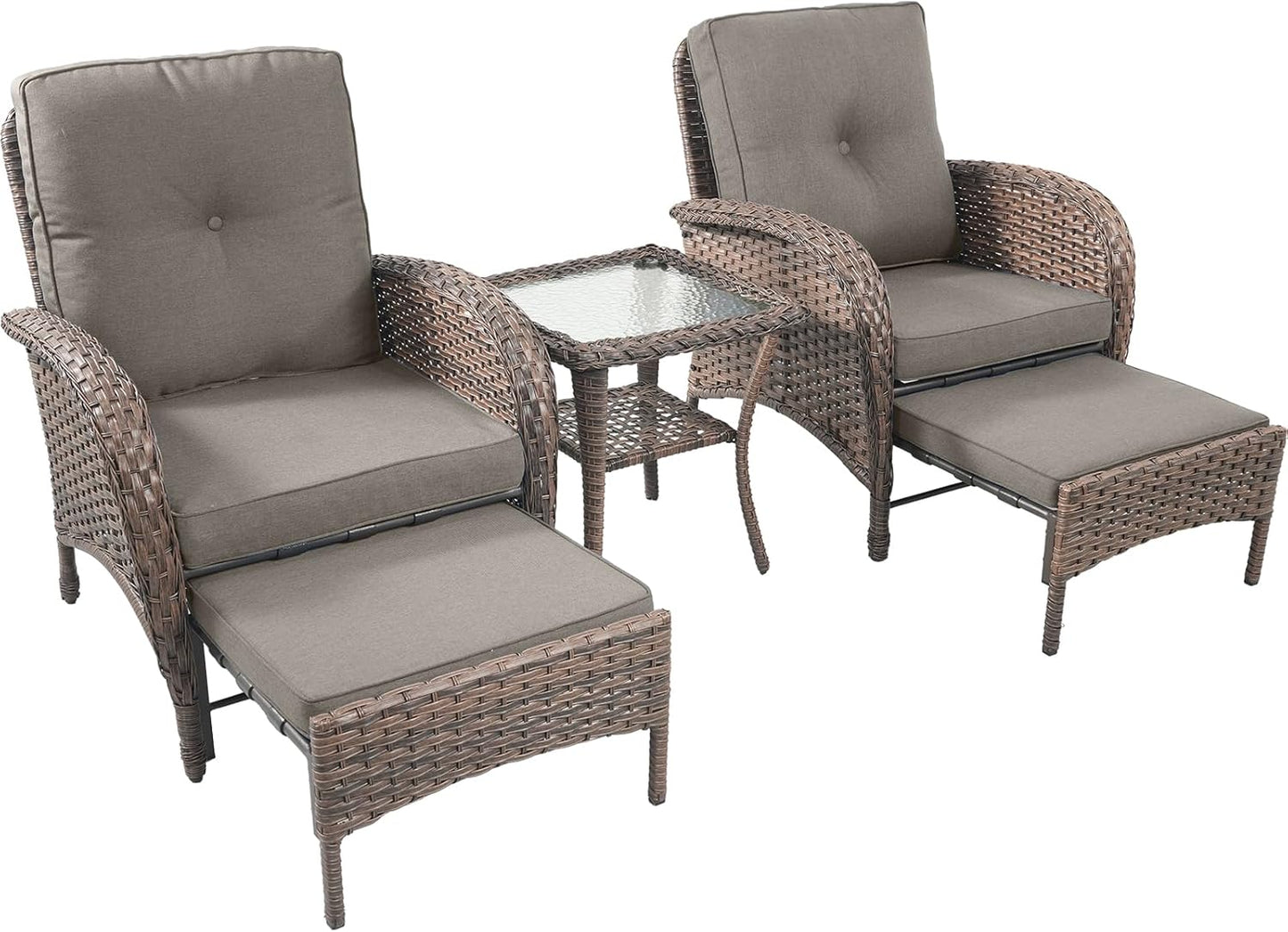 5 Piece Patio Furniture Set - Wicker Balcony Furniture Set with Hidden Ottomans, Rattan Outdoor Patio Chairs with Side Table for Porch Deck Poolside Garden Brown/Grey