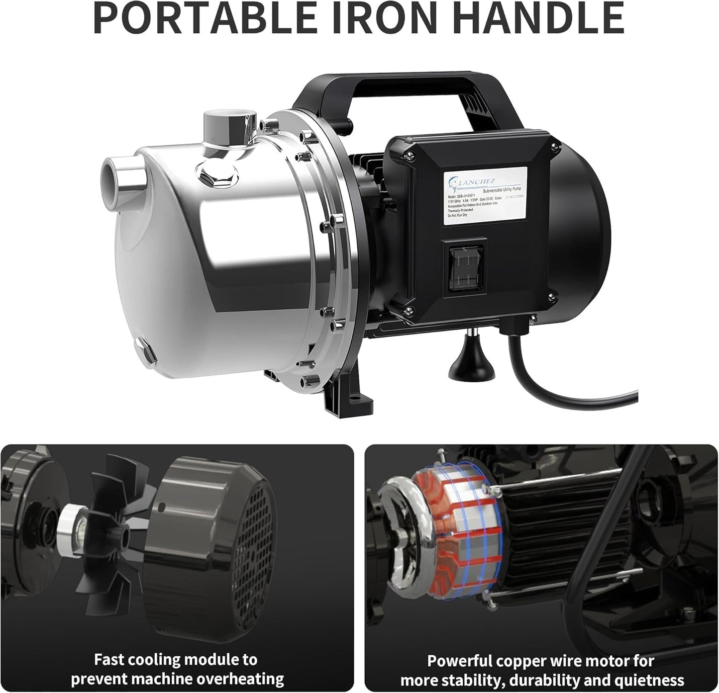 LANCHEZ 1 HP Portable Shallow Well Garden Pump, 1294 GPH Stainless Steel Sprinkler Pump, 115V Water Transfer Draining Irrigation for Lawn