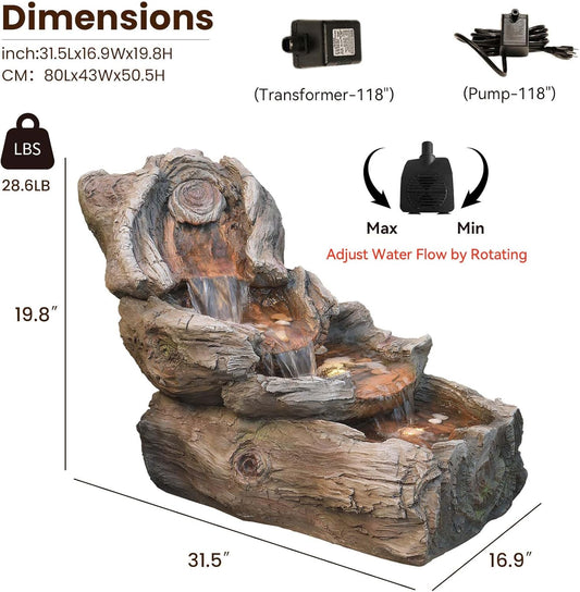 31.5" L Garden Water Fountain Outdoor, Artifical Imitation Wood Outdoor Water Fountain Natural Waterfall with LED Lights for Patio,Porch,Backyard,Home Art Decor(Resin)