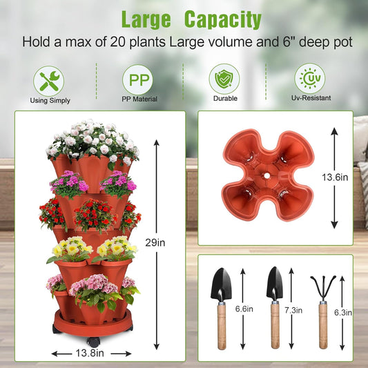 5 Tier Vertical Strawberry Planter-Tower Stackable Herb Planter Stacking Garden Planters Pot Outdoor With Tools Mover For Growing Flowers, Vegetables and Succulents