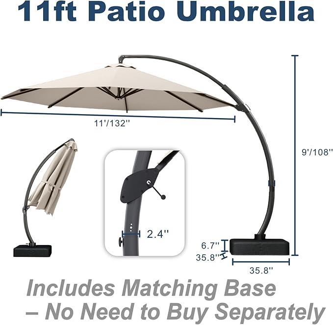 11FT Cantilever Umbrella with Base Large Curvy Outdoor Aluminum Offset Umbrella w/ 360° Rotation, UV Resistant Canopy for Patio, Garden, Backyard, Beige