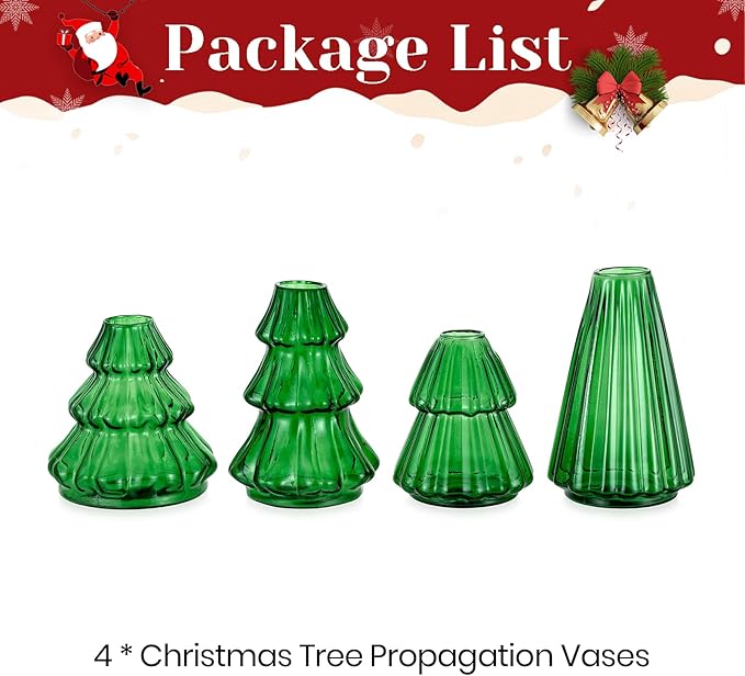 Glass Christmas Tree Propagation Stations: Hewory 4 PCS Propagation Vases for Plant Hydroponic Cutting Flowers - Green Christmas Tree Shaped Planter Pot for Home Holiday Decor Gifts
