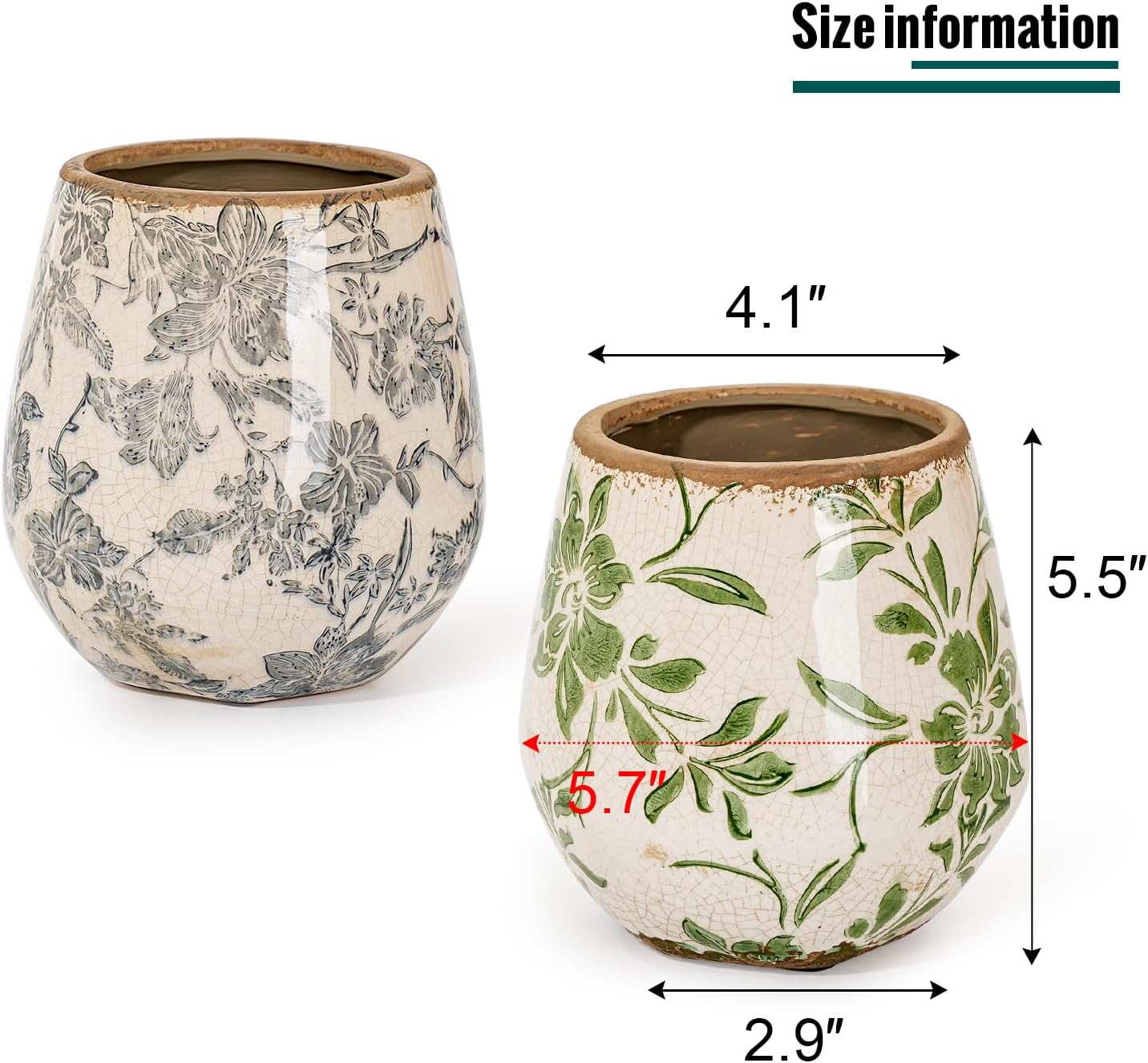 Sungmor Vintage Ceramic Plant Pots, Set of 2 Pretty Ice Cracked Glaze Ceramic Flower Pots, 5.7in. Herb Planters with Drainage Hole, Tuscan Planters for Indoor Outdoor Plants, Home Garden Decor Pot