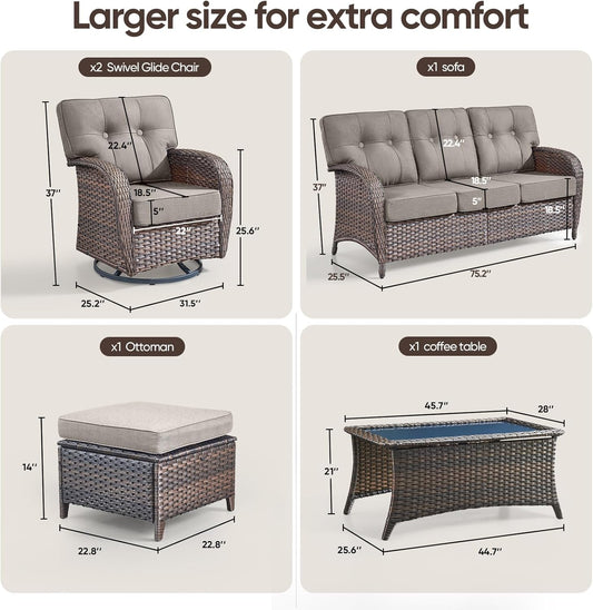 6-Piece Rotating Balcony Chair Set with 31-inch T-Shaped Wide backrest - Rattan Outdoor Rotating Balcony Chairs, Wide backrest Comfortable Outdoor Sliding Chair - Brown | Grey