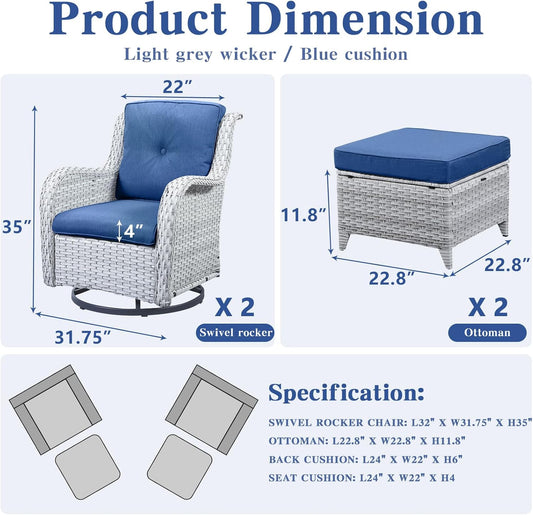 4 Pieces Patio Furniture Sets, Wicker Patio Swivel Glider Chair with Ottomans, Outdoor Furniture Set for Outside Porch Deck Balcony, Light Grey