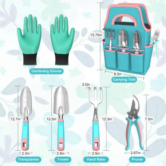6 Pcs Garden Tool Set, Gardening Hand Tools Aluminum Alloy Starter Kit with Garden Bag, Heavy Duty Outdoor Tool Set with Ergonomic Handle, Gardening Gifts (No Flower Pattern)