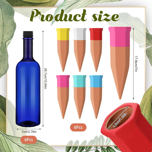 6 Sets Plant Watering Devices Include Terracotta Self Watering Spikes and 26 oz Plastic Bottles, Slow Release Vacation Insert Automatic Plant Waterer Device (Blue and Mixed Color)