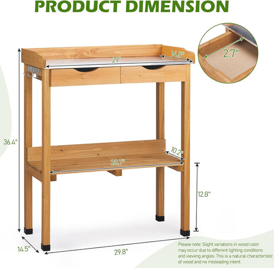 Outdoor Potting Bench Garden Work Station, Solid Wood Planting Table w/Sink Drawer Shelves,Metal Top, Folding Patio Furniture for Porch Balcony (29.8 x 14.6 x 36.4(Fir Wood Color))