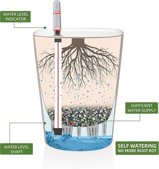 Dexceder 6x7 Self Watering Planter Indoor Outdoor, High Gloss Table Flower Plant Pot with Water Level Indicator (Taupe)
