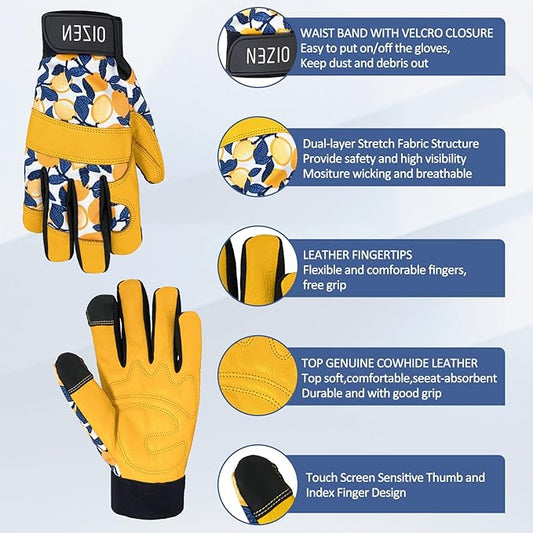 2 Pair Cowhide Leather Thorn Proof & Puncture Resistant Gardening Gloves for Women and Men, Touchscreen Compatible Working Gloves for Weeding, Digging, Planting, Gardening Gifts for Women (Medium)