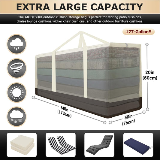 2 Pack Cushion Storage Bag Waterproof Outdoor Cushions Storage Bag 68" L x 30" W x 20" H Large Patio Furniture Cushion Storage Bags with Handle and Zipper (Beige, 2 Pack)