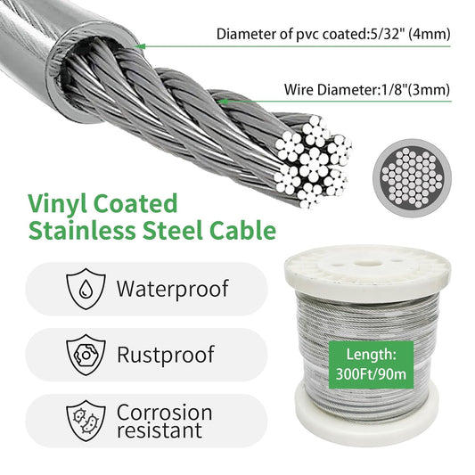 5/32" Wire Cable Rope Kit ,Vinyl Coated 304 Stainless Steel Wire – 300FT 7x7 Strand Cable with Turnbuckles,Shade Sail & Hanging Lights Hardware Kit for Outdoor, Garden,Patio, Crafts, Hanging Lights