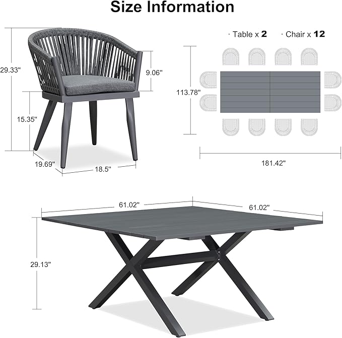 PURPLE LEAF 13 Pieces Oversized Outdoor Dining Set with Patio Aluminium Dining Table and Wicker Chairs Modern Furniture Cushions Sets for Backyard Indoor Decor Kitchen Gray