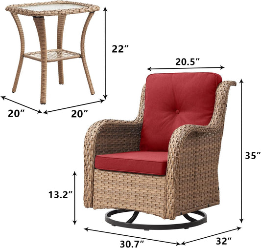 Outdoor Patio Swivel Rocker Chairs - 3 Piece Patio Bistro Set,Wicker Patio Furniture Set with 2 Swivel Rocking Chairs and 1 Glass Top Side Table for Deck Porch Garden,Yellow/Red