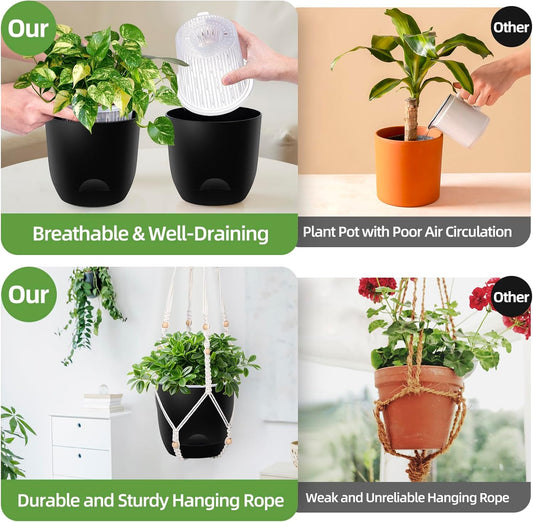 2-Pack 5.7-Inch Self-Watering Hanging Planters for Indoor & Outdoor Plants,34Inch Macrame Hanger Plant Pots Indoor with Drainage,Small Hanging Planters & Baskets,With Two Sets of Hooks(Pure black)