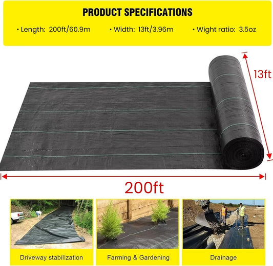Doniks 13x200ft Driveway Fabric,3.5OZ Commercial Heavy Duty Weed Barrier Fabric, Garden Landscape Fabric,French Drain Fabric for Erosion Control,Landscape Fabric,Weed Barrier,Construction Projects