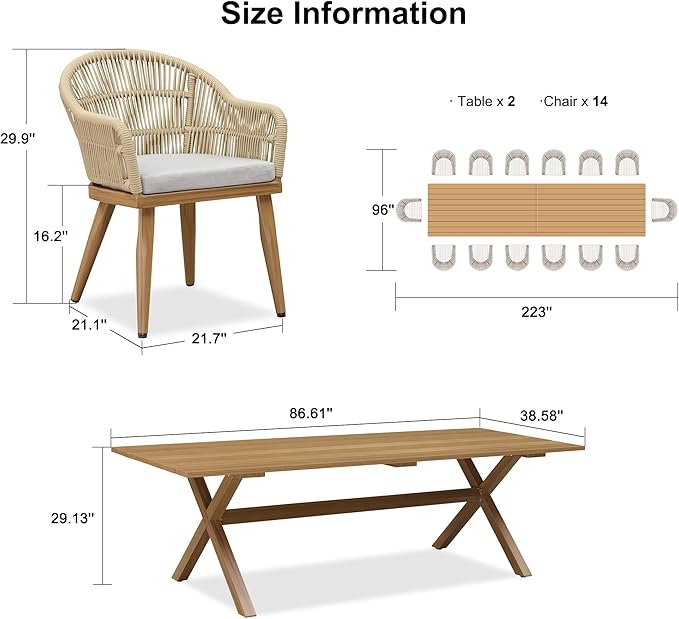 PURPLE LEAF 16 Pieces Patio Dining Set with Outdoor Aluminium Dining Table and Woven Chairs Modern Metal Furniture Cushions Sets for Garden Yard Indoor Decor Kitchen Teak