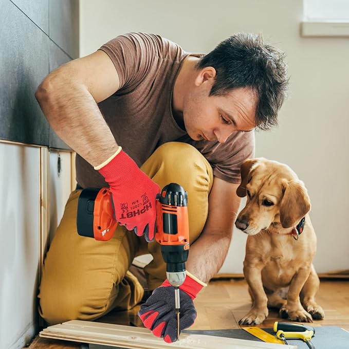 Latex Rubber Hand Coated Work Gloves - Safety Work Gloves - Excellent Grip for Construction Warehouse Garden 12 Pairs