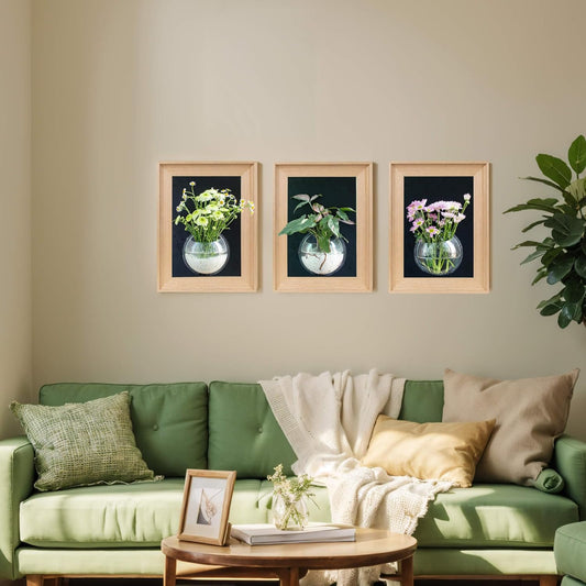 Natural Wooden Frame Wall Hanging Planter for Hydroponic Plants, 12'' x16''inch Wall Vase with Round Acrylic Propagation Station,Bathroom, Office, or Living Room Décor, Set of 3