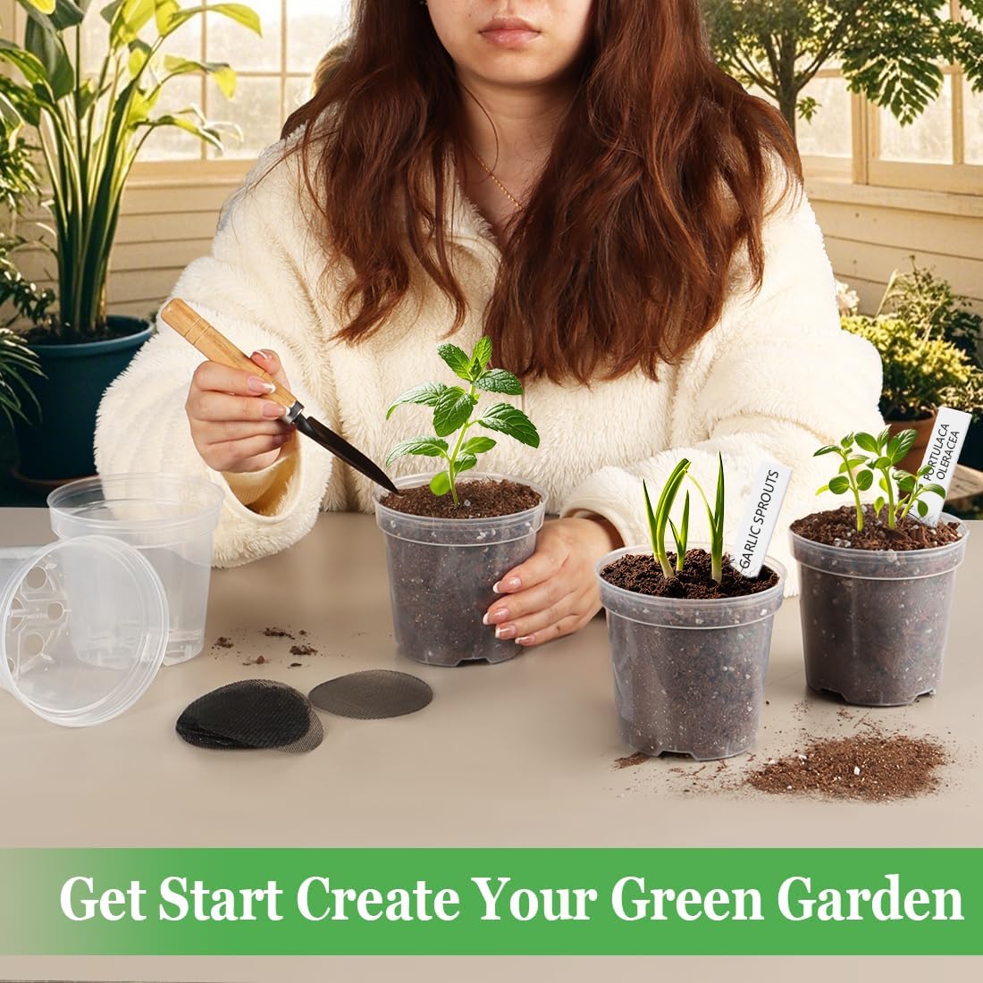 4 Inch Clear Nursery Pots for Plants, Plastic Plant Pot with Drainage Holes, Sturdy Seed Starter Pots, Small Transparent Seedling Pots with Plant Labels and Soil Screens, Gardening Gifts(30 Pack)